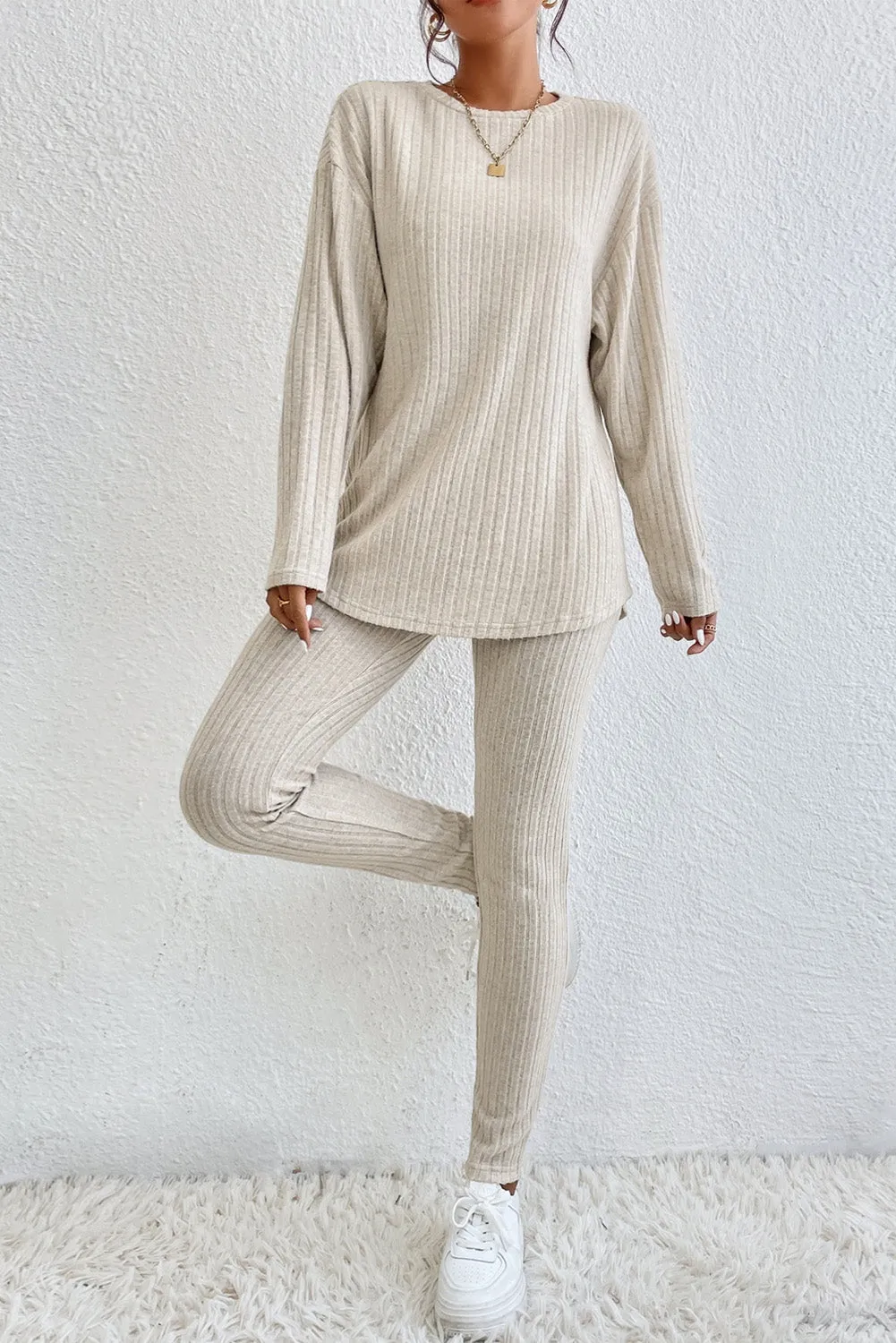 Apricot Ribbed Knit Lounge Set with Long Sleeve Top and Skinny Pants