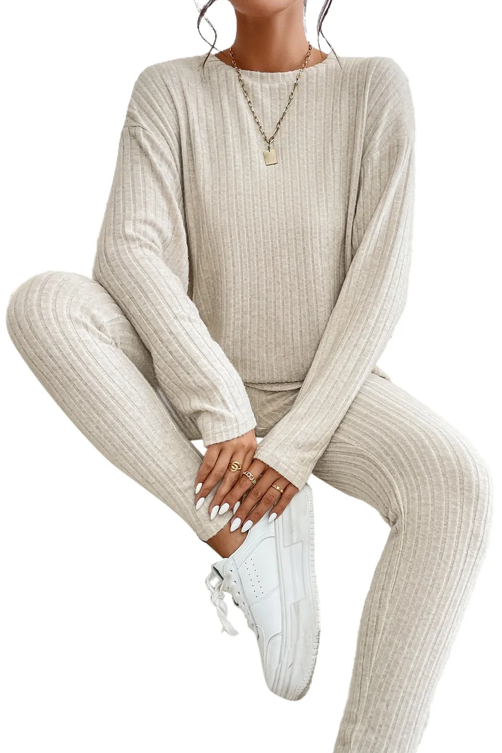 Apricot Ribbed Knit Lounge Set with Long Sleeve Top and Skinny Pants