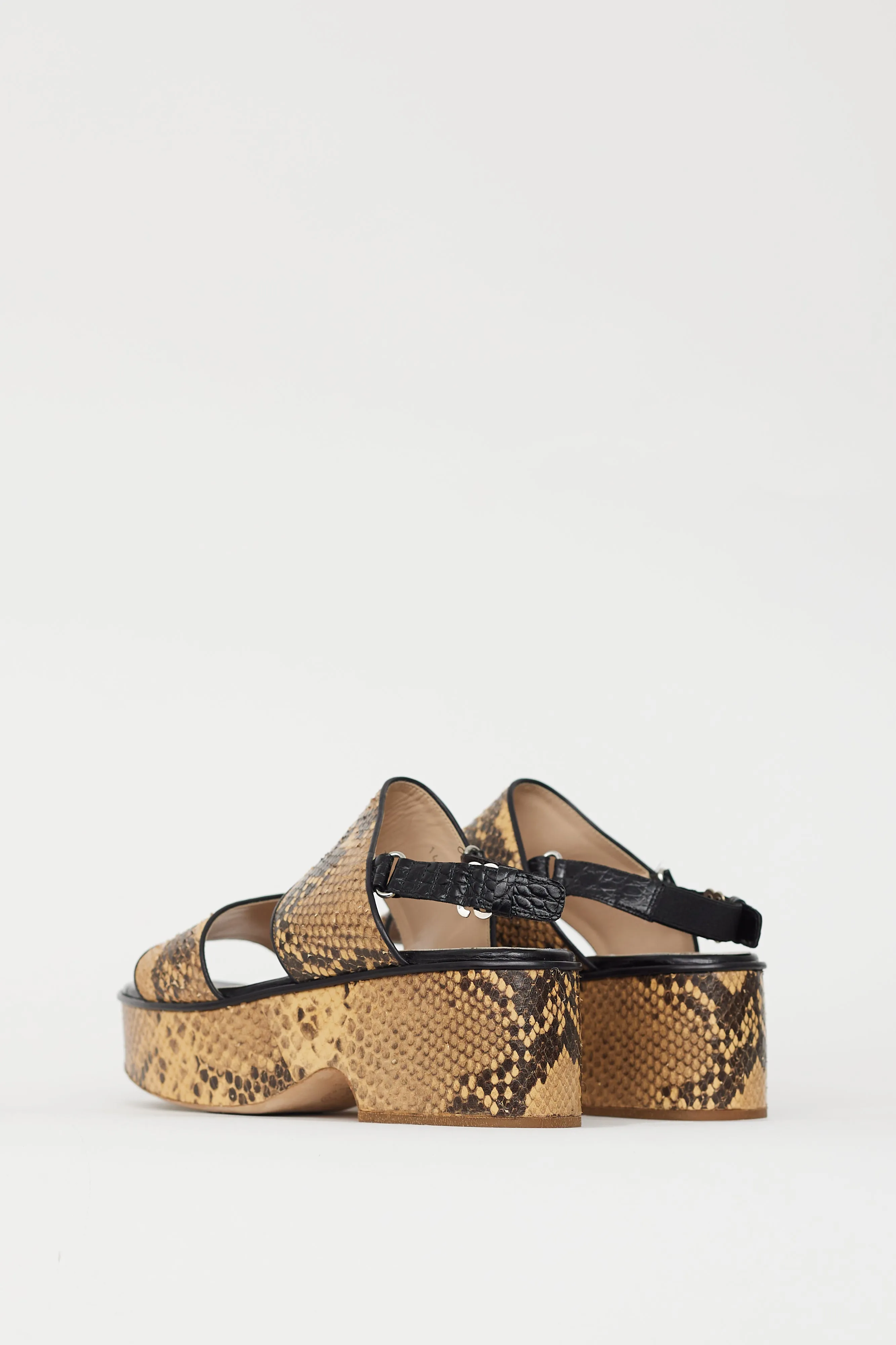 Beige & Brown Embossed Leather Platform Sandal