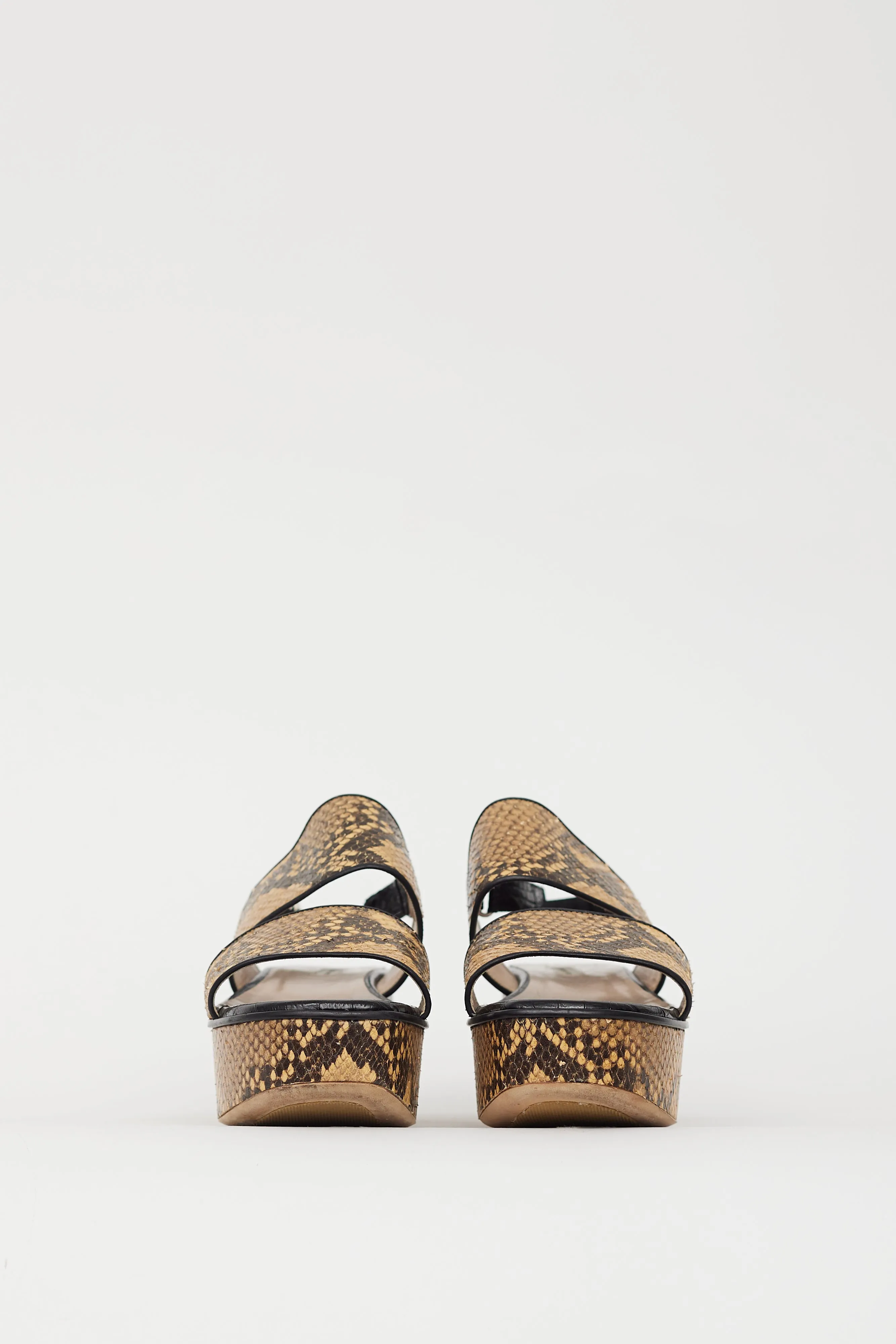 Beige & Brown Embossed Leather Platform Sandal