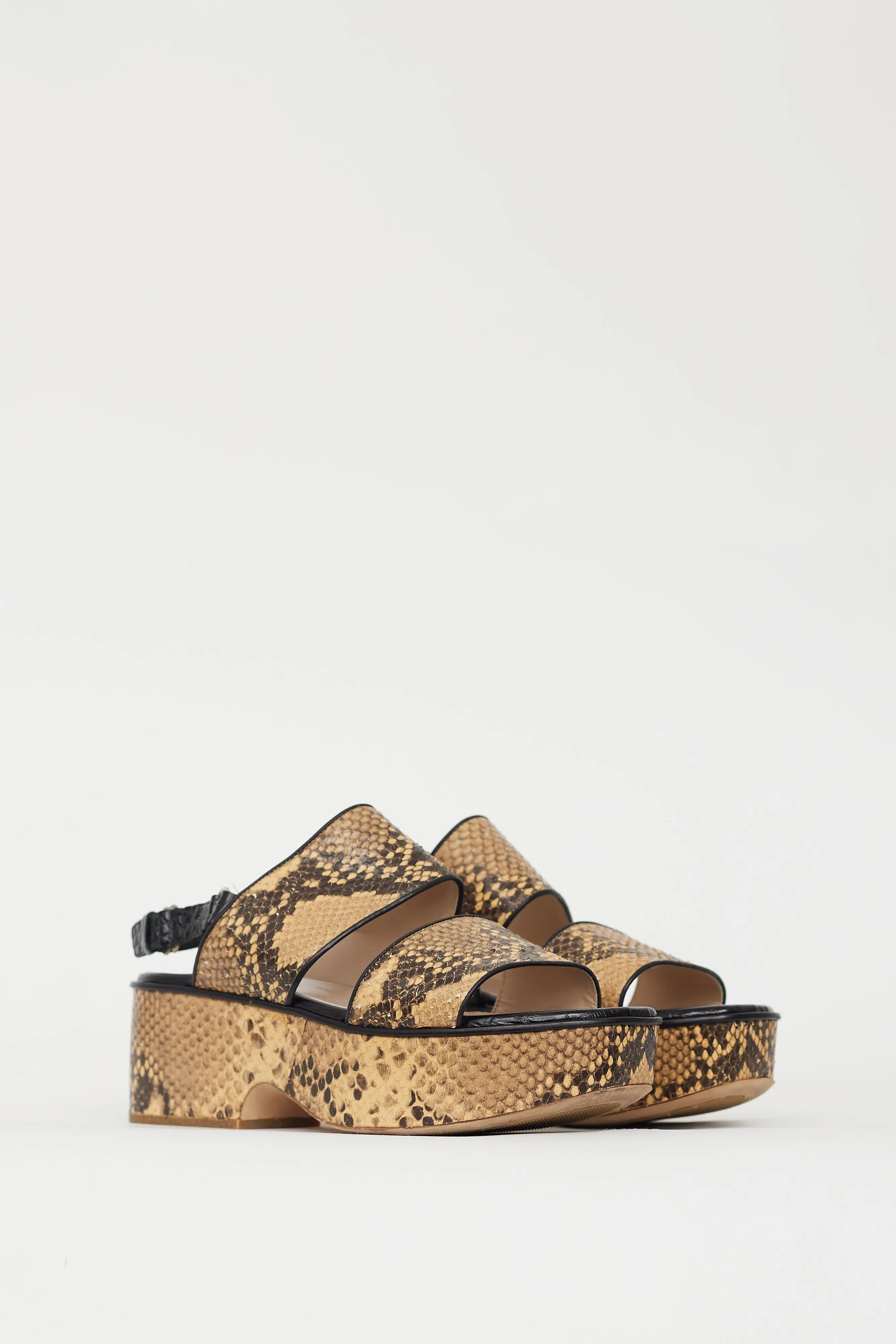 Beige & Brown Embossed Leather Platform Sandal