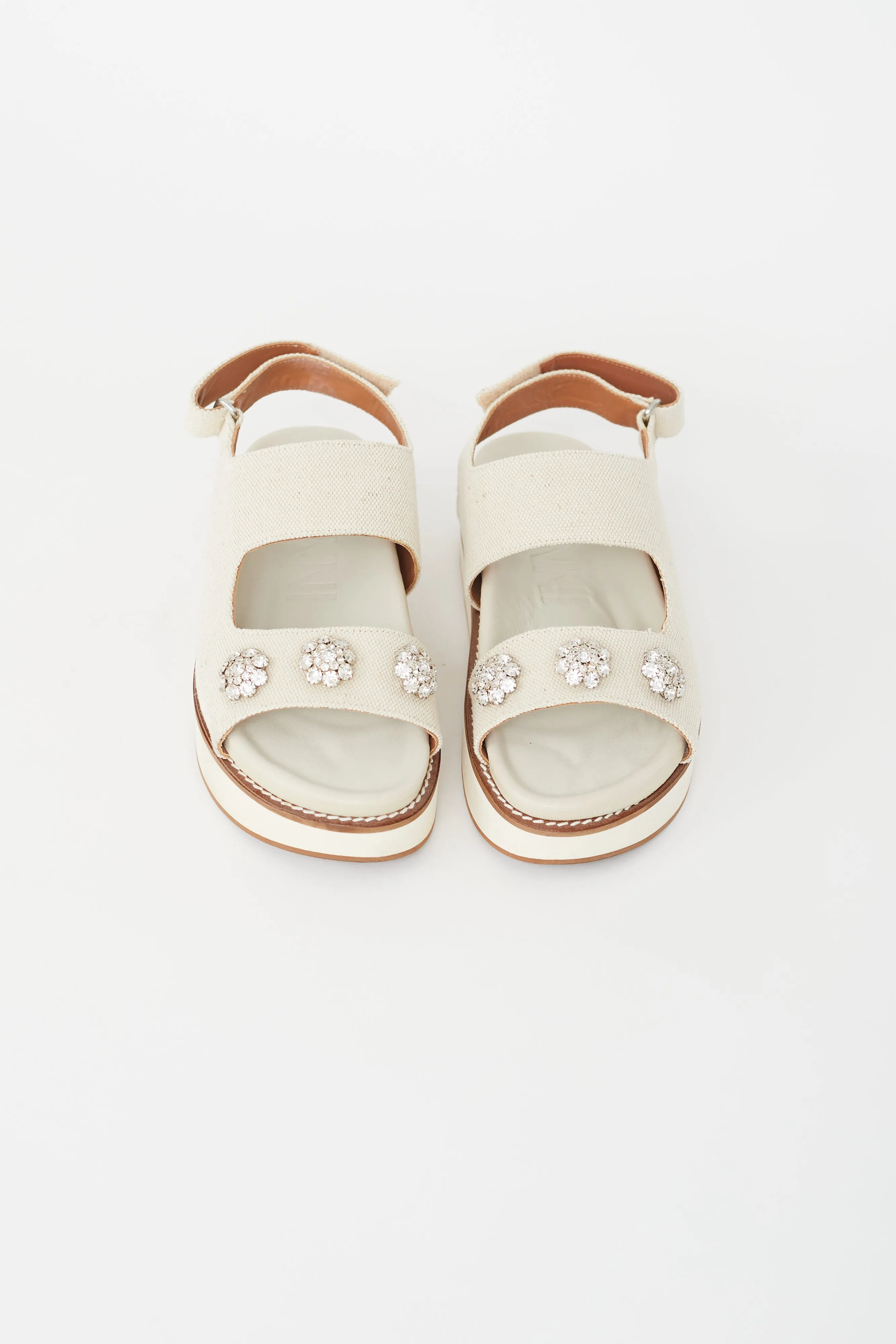 Beige Canvas Crystal Embellished Sandal