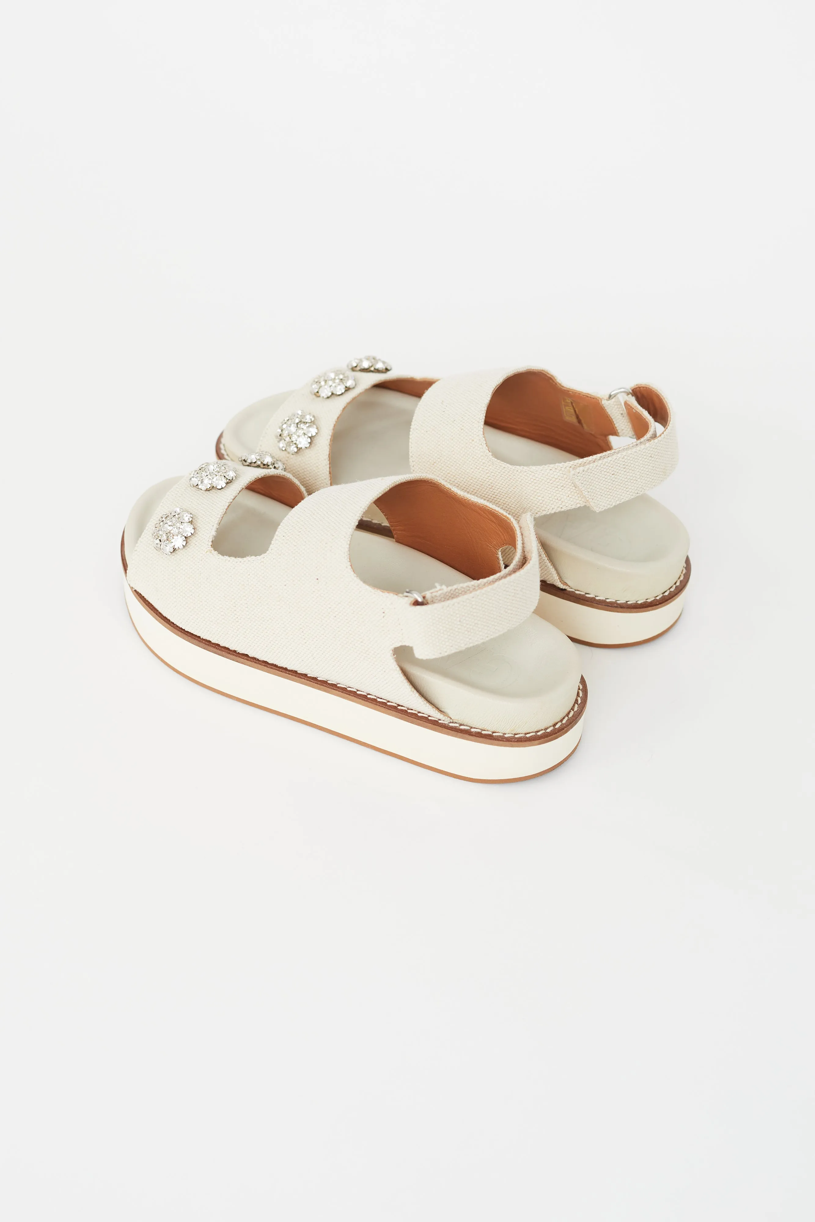 Beige Canvas Crystal Embellished Sandal