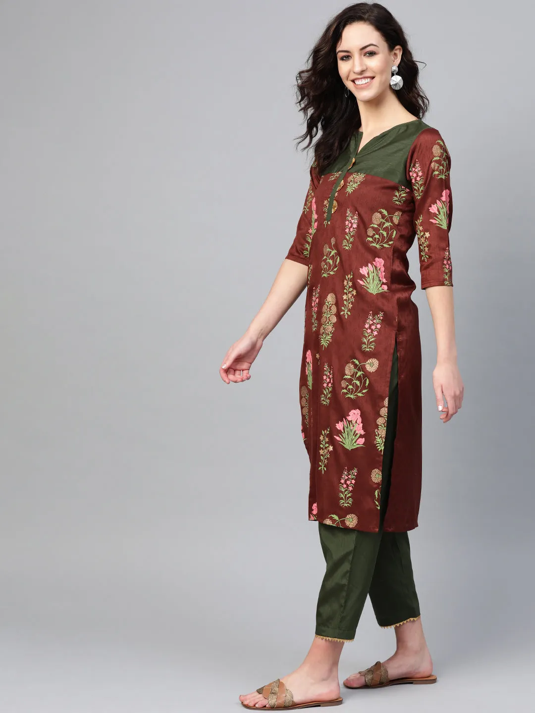 Brown & Olive Green Printed Kurta with Palazzo