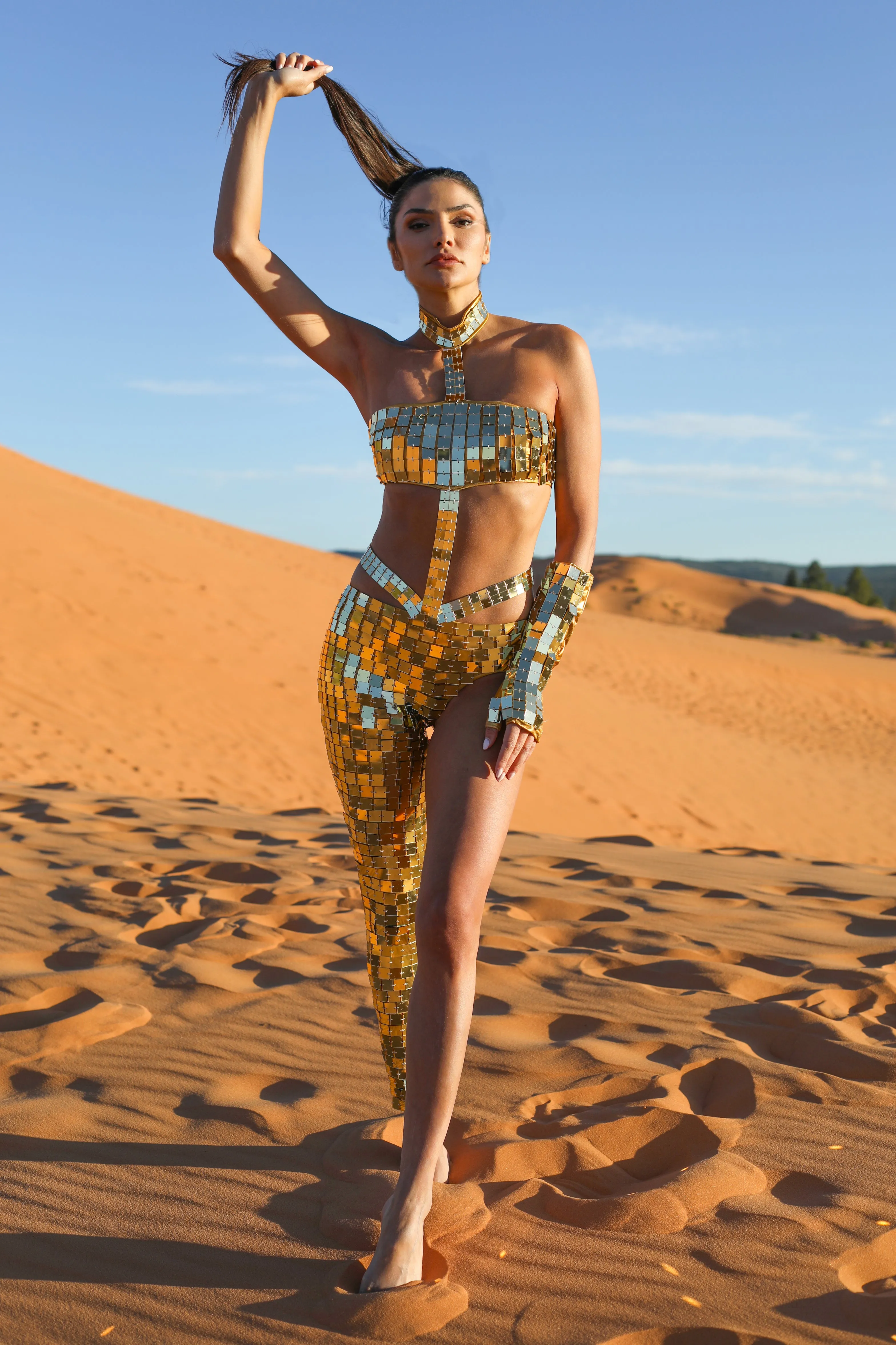 Kinesthetic Mirrored Gold One Leg Catsuit by Dani Watanabe