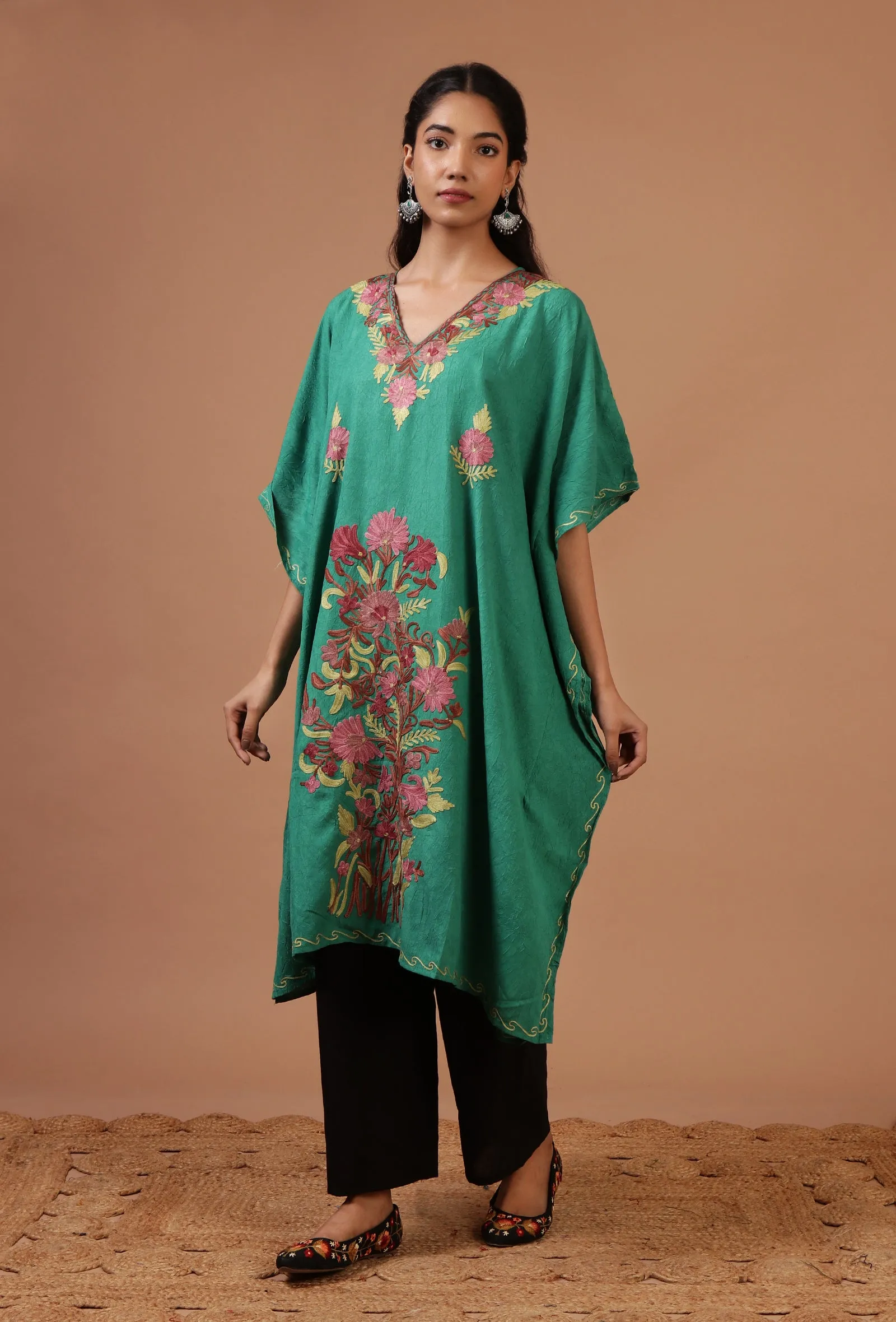 Sea Green Cotton Crush Ari Embroidered Kaftan- Free Size