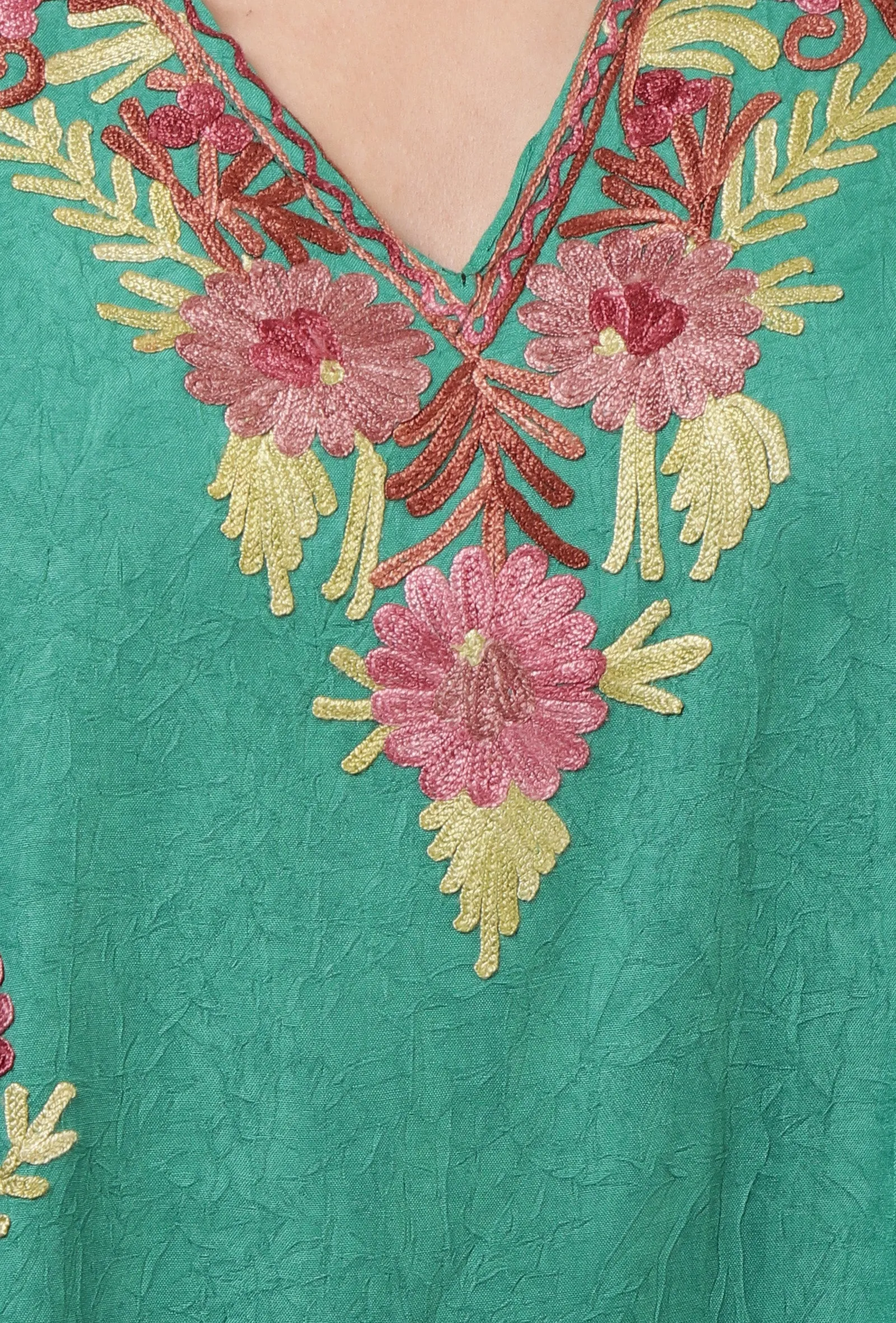 Sea Green Cotton Crush Ari Embroidered Kaftan- Free Size