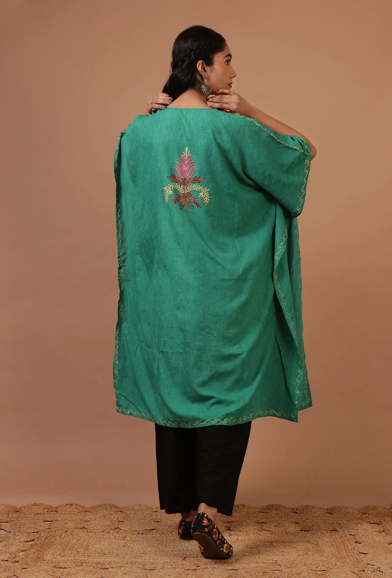 Sea Green Cotton Crush Ari Embroidered Kaftan- Free Size