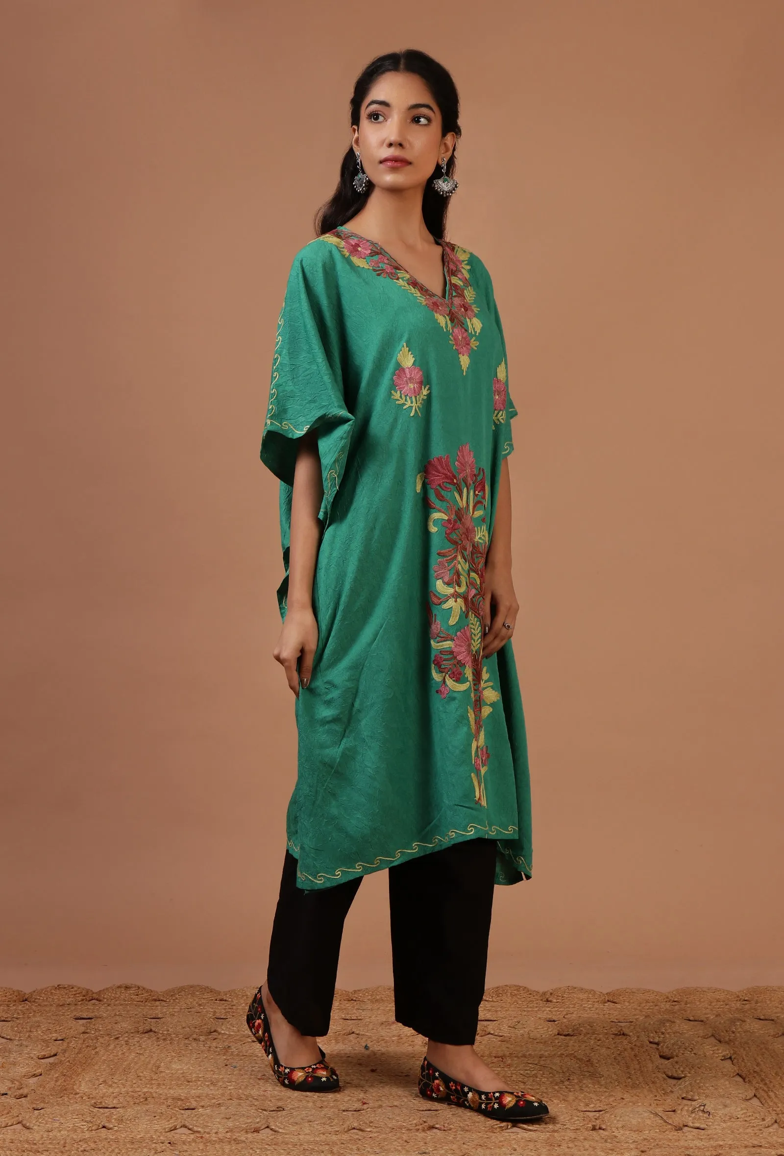 Sea Green Cotton Crush Ari Embroidered Kaftan- Free Size