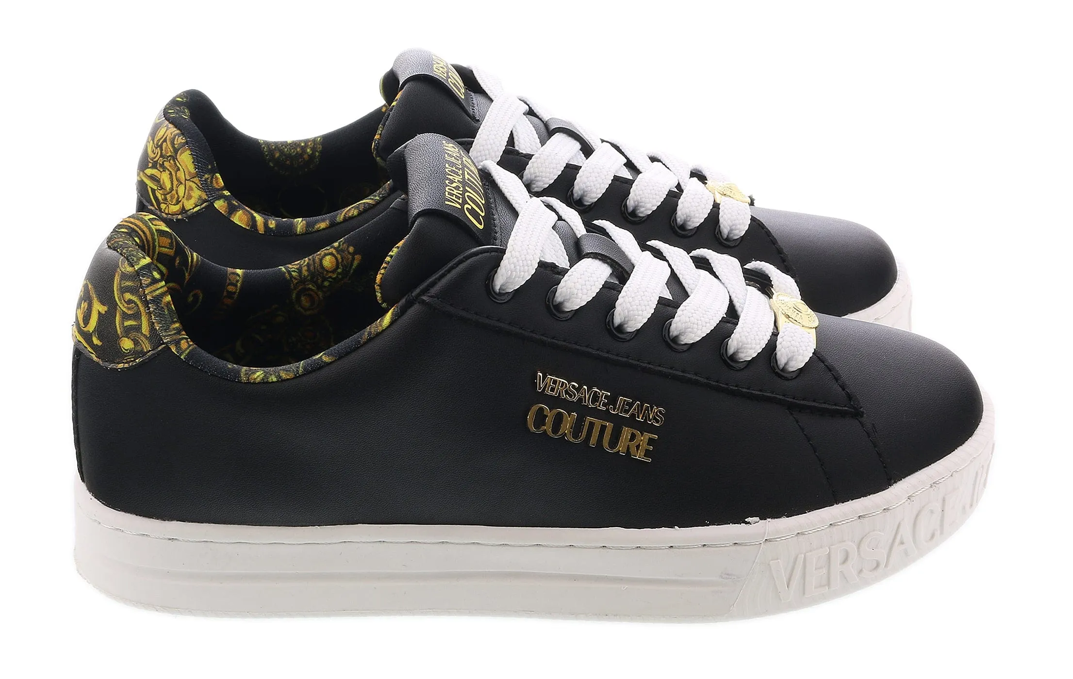 Versace Jeans Couture Black Baroque Print Lace Up Sneakers-