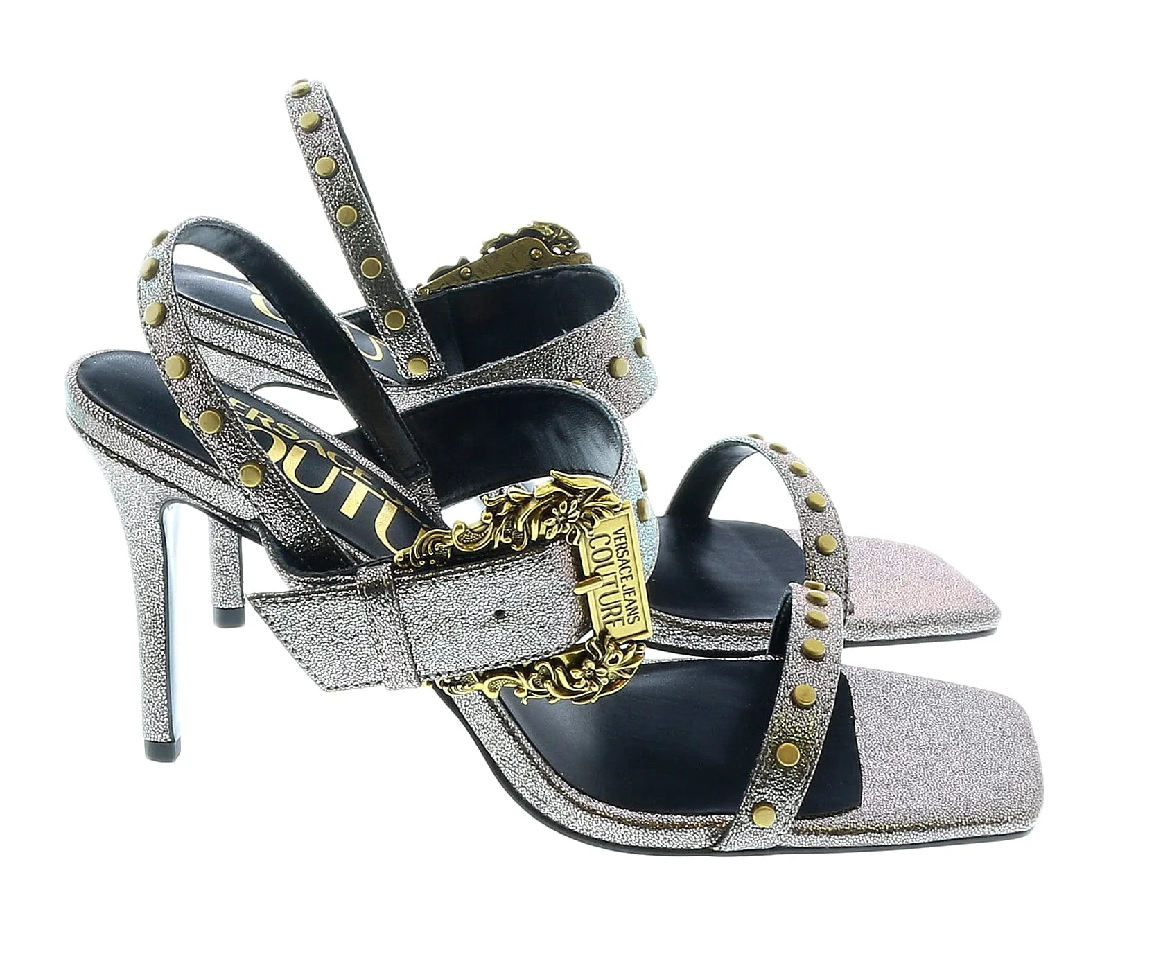 Versace Jeans Couture Oversized Buckle  Gun Metal Heeled Sandals-