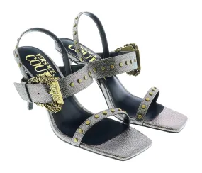 Versace Jeans Couture Oversized Buckle  Gun Metal Heeled Sandals-