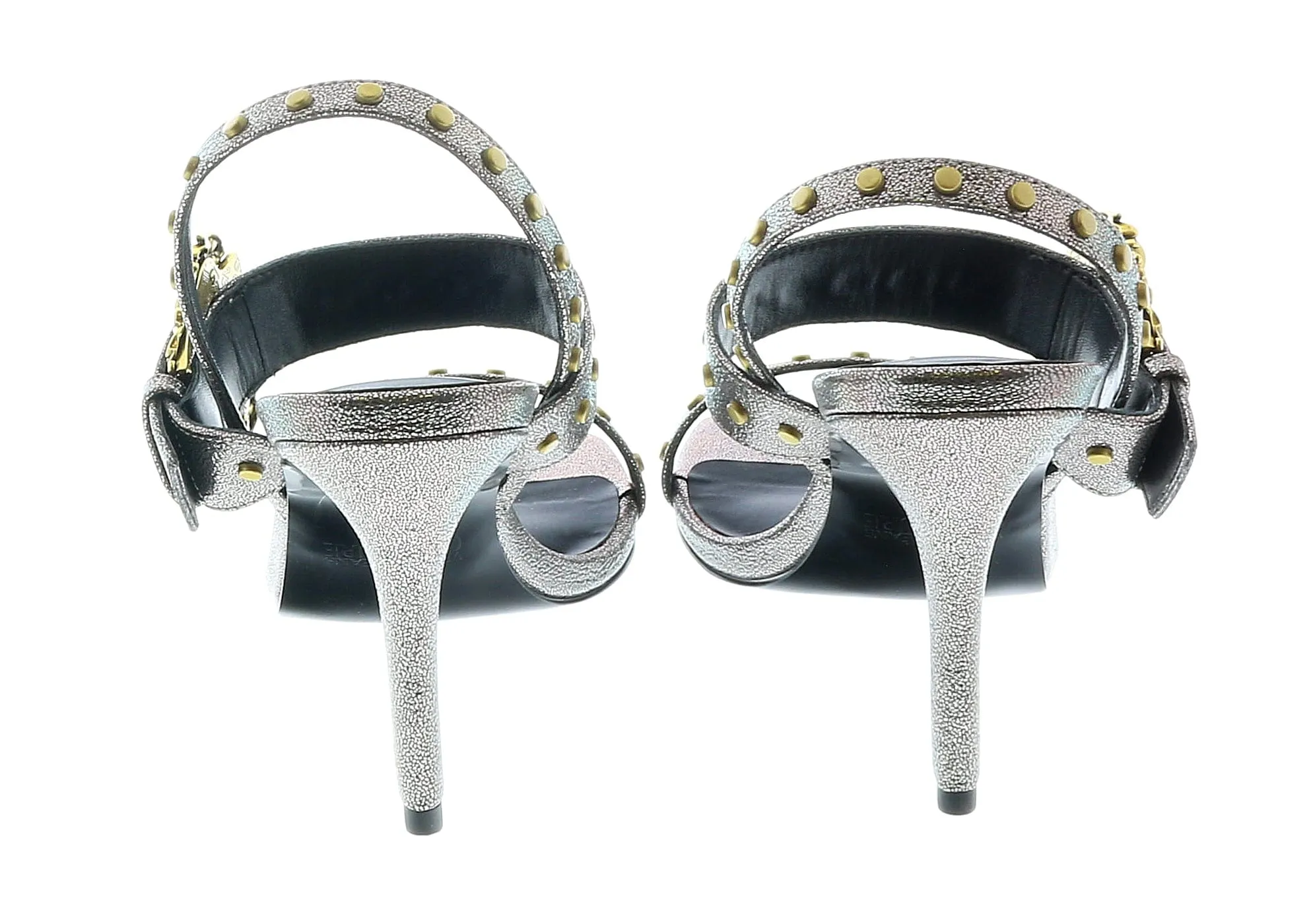 Versace Jeans Couture Oversized Buckle  Gun Metal Heeled Sandals-