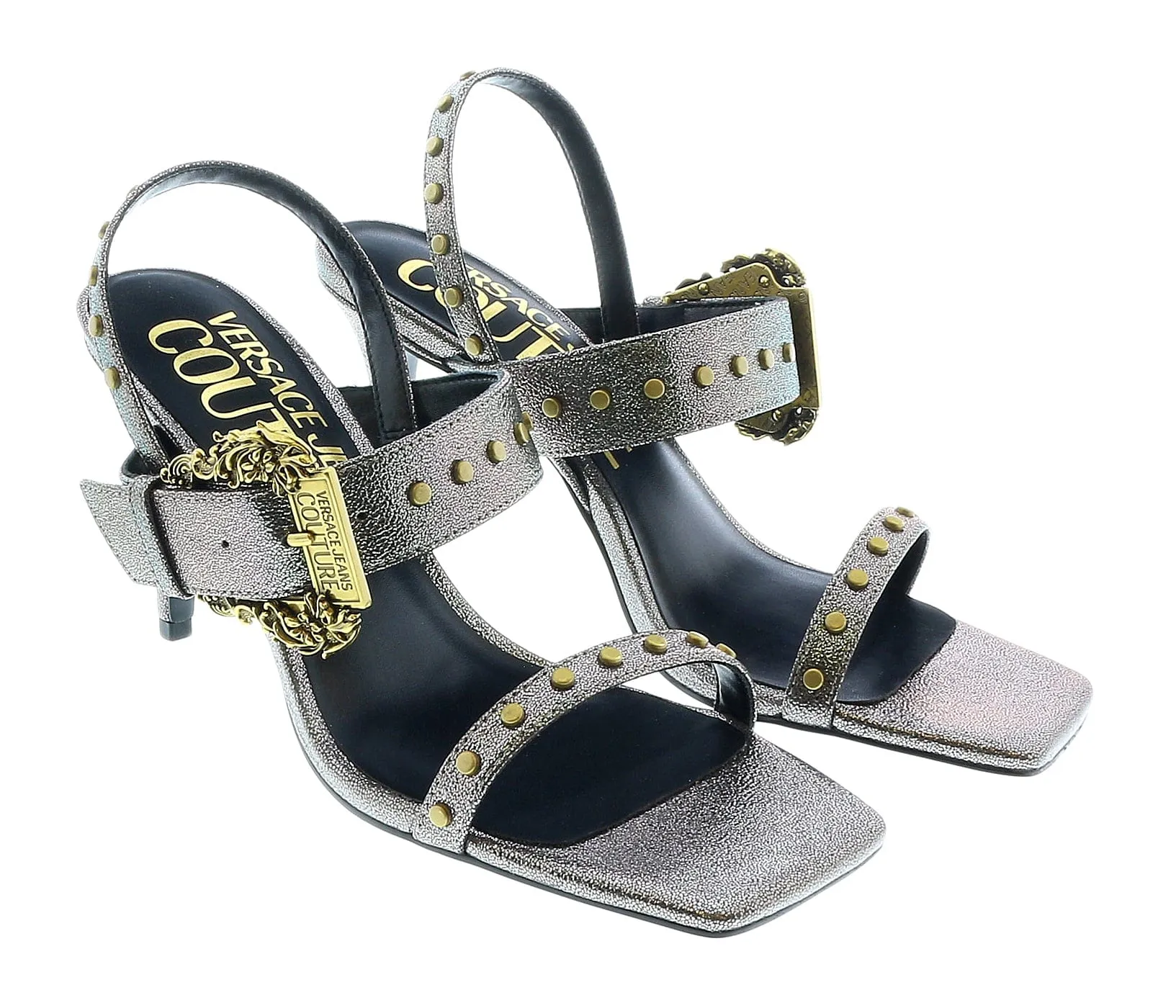 Versace Jeans Couture Oversized Buckle  Gun Metal Heeled Sandals-