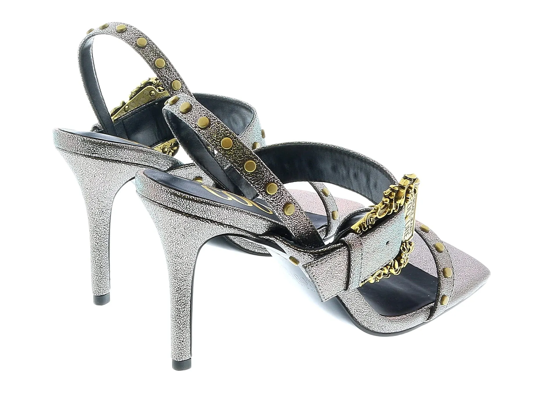 Versace Jeans Couture Oversized Buckle  Gun Metal Heeled Sandals-