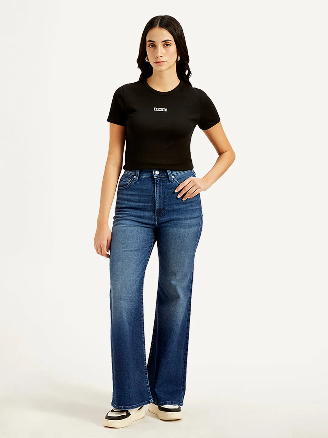 Women's High Rise Ribcage Dark Blue Bell Bottom Jeans