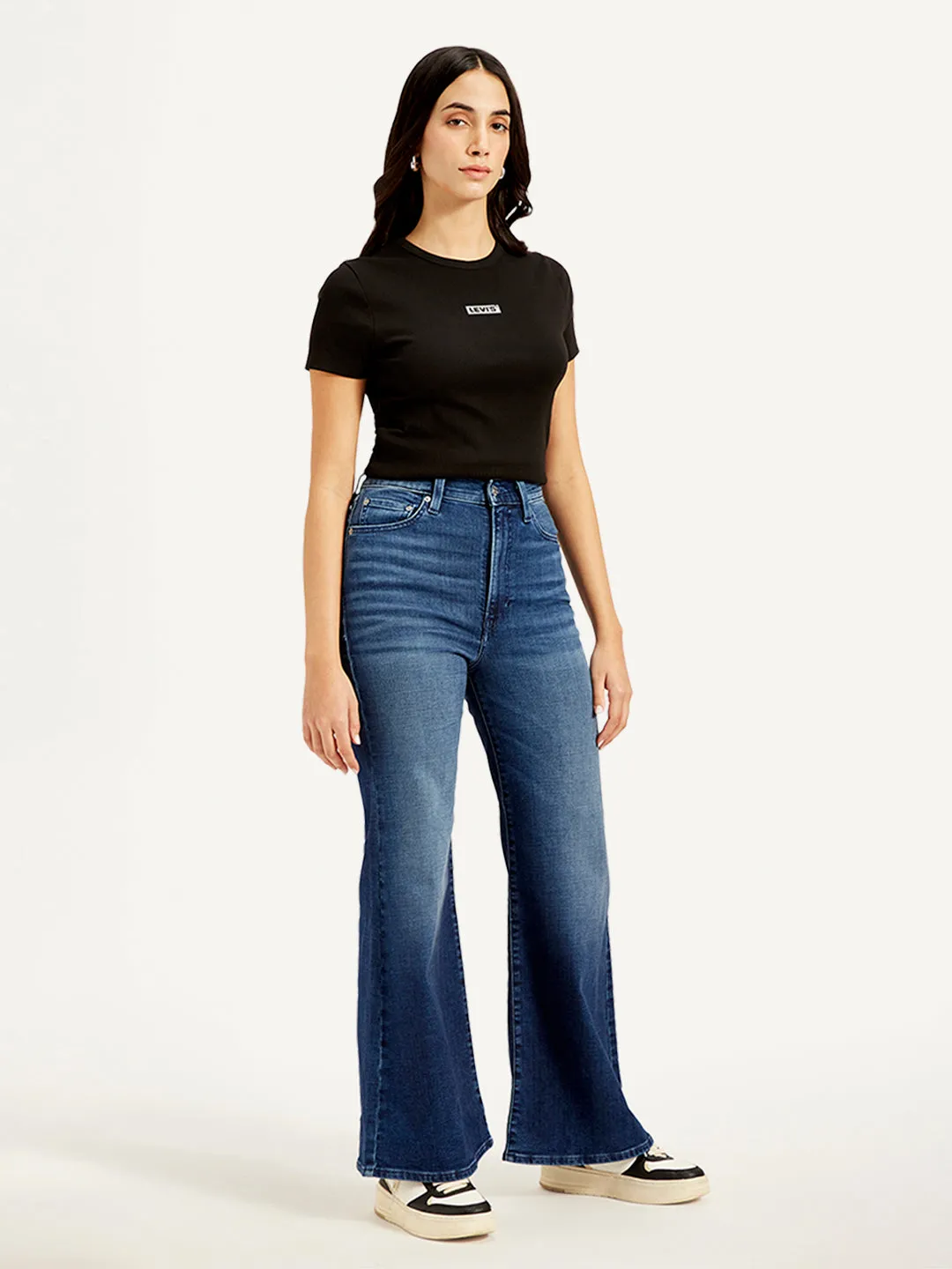Women's High Rise Ribcage Dark Blue Bell Bottom Jeans